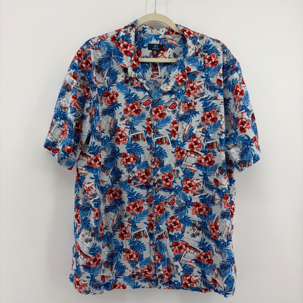 George Button Down Shirt‎ Blue Red Mens XL Tropical Floral Postcard Linen Blend